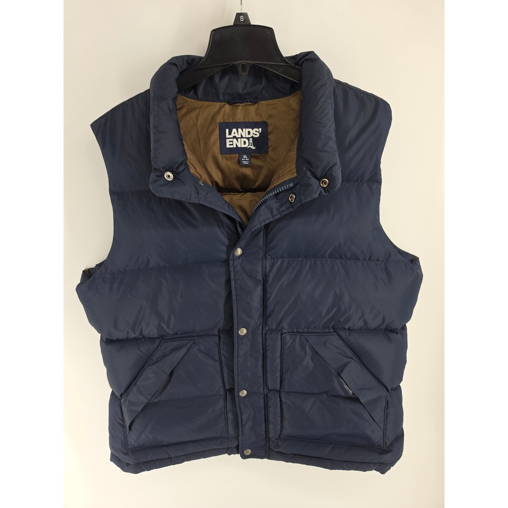 Lands End Mens XL Navy Blue Down Puffer Vest Quilted Full Zip Snap Front Pockets